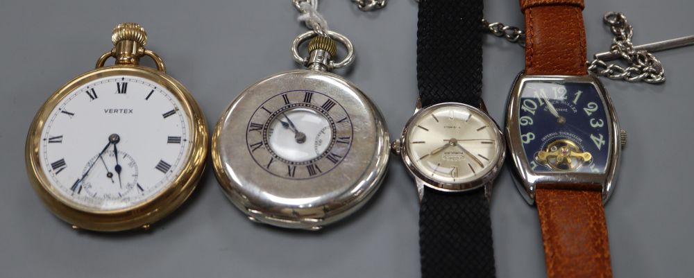 A J.W Benson silver half hunter keyless pocket watch, with albert, a gold plated Vertex pocket watch and two wrist watches.